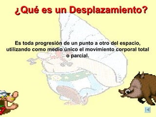¿Qué es un Desplazamiento?


     Es toda progresión de un punto a otro del espacio,
utilizando como medio único el movimiento corporal total
                         o parcial.
 