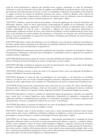 como de textos pertencentes a gêneros que circulam nesses espaços, reclamação ou carta de reclamação,
solicitação ou carta de solicitação, como forma de ampliar as possibilidades de produção desses textos em casos
que remetam a reivindicações que envolvam a escola, a comunidade ou algum de seus membros como forma de
se engajar na busca de solução de problemas pessoais, dos outros e coletivos. Relação entre contexto de
produção e características composicionais e estilísticas dos gêneros (carta de solicitação, carta de reclamação,
petição on-line, carta aberta, abaixo-assinado, proposta etc.) Apreciação e réplica
(EF67LP17) Analisar, a partir do contexto de produção, a forma de organização das cartas de solicitação e de
reclamação (datação, forma de início, apresentação contextualizada do pedido ou da reclamação, em geral,
acompanhada de explicações, argumentos e/ou relatos do problema, fórmula de finalização mais ou menos
cordata, dependendo do tipo de carta e subscrição) e algumas das marcas linguísticas relacionadas à
argumentação, explicação ou relato de fatos, como forma de possibilitar a escrita fundamentada de cartas como
essas ou de postagens em canais próprios de reclamações e solicitações em situações que envolvam questões
relativas à escola, à comunidade ou a algum dos seus membros. Estratégias, procedimentos de leitura em textos
reivindicatórios ou propositivos
(EF67LP18) Identificar o objeto da reclamação e/ou da solicitação e sua sustentação, explicação ou justificativa,
de forma a poder analisar a pertinência da solicitação ou justificação. Produção de textos Estratégia de produção:
planejamento de textos reivindicatórios ou propositivos
(EF67LP19) Realizar levantamento de questões, problemas que requeiram a denúncia de desrespeito a direitos,
reivindicações, reclamações, solicitações que contemplem a comunidade escolar ou algum de seus membros e
examinar normas e legislações.
(EF67LP20) Realizar pesquisa, a partir de recortes e questões definidos previamente, usando fontes indicadas e
abertas. Produção de textos Estratégias de escrita: textualização, revisão e edição
(EF67LP21) Divulgar resultados de pesquisas por meio de apresentações orais, painéis, artigos de divulgação
científica, verbetes de enciclopédia, podcasts científicos etc.
(EF67LP22) Produzir resumos, a partir das notas e/ou esquemas feitos, com o uso adequado de paráfrases e
citações. Oralidade Conversação espontânea
(EF67LP23) Respeitar os turnos de fala, na participação em conversações e em discussões ou atividades
coletivas, na sala de aula e na escola e formular perguntas coerentes e adequadas em momentos oportunos em
situações de aulas, apresentação oral, seminário etc. Procedimentos de apoio à compreensão Tomada de nota
(EF67LP24) Tomar nota de aulas, apresentações orais, entrevistas (ao vivo, áudio, TV, vídeo), identificando e
hierarquizando as informações principais, tendo em vista apoiar o estudo e a produção de sínteses e reflexões
pessoais ou outros objetivos em questão. Análise linguística/semiótica Textualização Progressão temática
(EF67LP25) Reconhecer e utilizar os critérios de organização tópica (do geral para o específico, do específico
para o geral etc.), as marcas linguísticas dessa organização (marcadores de ordenação e enumeração, de
explicação, definição e exemplificação, por exemplo) e os mecanismos de paráfrase, de maneira a organizar mais
adequadamente a coesão e a progressão temática de seus textos. Textualização
(EF67LP26) Reconhecer a estrutura de hipertexto em textos de divulgação científica e proceder à remissão a
conceitos e relações por meio de notas de rodapés ou boxes.
(EF67LP27) Analisar, entre os textos literários e entre estes e outras manifestações artísticas (como cinema,
teatro, música, artes visuais e midiáticas), referências explícitas ou implícitas a outros textos, quanto aos temas,
personagens e recursos literários e semióticos Estratégias de leitura Apreciação e réplica
(EF67LP28) Ler, de forma autônoma, e compreender – selecionando procedimentos e estratégias de leitura
adequados a diferentes objetivos e levando em conta características dos gêneros e suportes –, romances infanto-
juvenis, contos populares, contos de terror, lendas brasileiras, indígenas e africanas, narrativas de aventuras,
narrativas de enigma, mitos, crônicas, autobiografias, histórias em quadrinhos, mangás, poemas de forma livre e
fixa (como sonetos e cordéis), vídeo-poemas, poemas visuais, dentre outros, expressando avaliação sobre o texto
lido e estabelecendo preferências por gêneros, temas, autores. Reconstrução da textualidade Efeitos de sentidos
provocados pelos usos de recursos linguísticos e multissemióticos
 