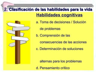 Habilidades cognitivas a. Toma de decisiones / Solución  de problemas b. Comprensión de las  consecuencias de las acciones c. Determinación de soluciones  alternas para los problemas d. Pensamiento crítico 2.  Clasificación de las habilidades para la vida 