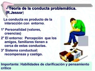 La conducta es producto de la interacción con  entorno . 1° Personalidad (valores, creencias) 2° El entorno:  Percepción  que los amigos, familiares tienen a cerca de estas conductas.  3° Sistema conductual: recompensas y castigo. Teoría de la conducta problemática.  (R.Jessor ) Importante: Habilidades de clarificación y pensamiento crítico 