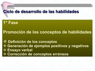 Ciclo de desarrollo de las habilidades 1° Fase Promoción de los conceptos de habilidades Definición de los conceptos  Generación de ejemplos positivos y negativos Ensayo verbal Corrección de conceptos erróneos 