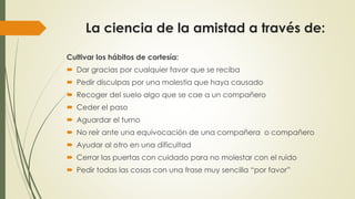 La ciencia de la amistad a través de: 
Cultivar los hábitos de cortesía: 
 Dar gracias por cualquier favor que se reciba 
 Pedir disculpas por una molestia que haya causado 
 Recoger del suelo algo que se cae a un compañero 
 Ceder el paso 
 Aguardar el turno 
 No reír ante una equivocación de una compañera o compañero 
 Ayudar al otro en una dificultad 
 Cerrar las puertas con cuidado para no molestar con el ruido 
 Pedir todas las cosas con una frase muy sencilla “por favor” 
 