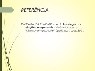 REFERÊNCIA
Del Prette, Z.A.P. e Del Prette, A. Psicologia das
relações interpessoais – Vivências para o
trabalho em grupo. Petrópolis, RJ: Vozes, 2001.
 