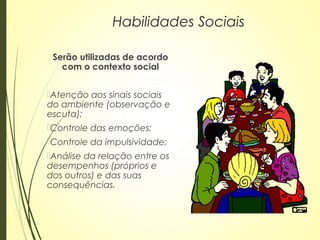 Habilidades Sociais
Serão utilizadas de acordo
com o contexto social
Atenção aos sinais sociais
do ambiente (observação e
escuta);
Controle das emoções;
Controle da impulsividade;
Análise da relação entre os
desempenhos (próprios e
dos outros) e das suas
consequências.
 