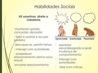HS assertivas, direito e
cidadania
manifestar opinião,
concordar, discordar;
 fazer e aceitar e recusar
pedidos;
desculpar-se, admitir falhas;
 interagir com autoridade;
 estabelecer
relacionamento afetivo e/ou
sexual;
encerrar relacionamento;
Habilidades Sociais
 expressar
raiva/desagrado e pedir
mudança de
comportamento;
 interagir com
autoridades;
 lidar com críticas.
 