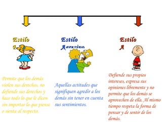 Estilo Pasivo Estilo Asertivo Estilo Agresivo Permite que los demás violen sus derechos, no defiende sus derechos y hace todo lo que le dicen sin importar lo que piense o sienta al respecto. Aquellas actitudes que signifiquen agredir a los demás sin tener en cuenta sus sentimientos. Defiende sus propios intereses, expresa sus opiniones libremente y no permite que los demás se aprovechen de ella. Al mismo tiempo respeta la forma de pensar y de sentir de los demás. 