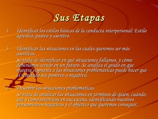 Sus Etapas Identificar los estilos básicos de la conducta interpersonal: Estilo agresivo, pasivo y asertivo. Identificar las situaciones en las cuales queremos ser más asertivos. Se trata de identificar en qué situaciones fallamos, y cómo deberíamos actuar en un futuro. Se analiza el grado en que nuestra respuesta a las situaciones problemáticas puede hacer que el resultado sea positivo o negativo. Describir las situaciones problemáticas Se trata de analizar las situaciones en términos de quién, cuándo, qué y cómo interviene en esa escena, identificando nuestros pensamientos negativos y el objetivo que queremos conseguir. 