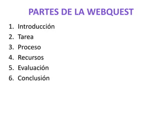 PARTES DE LA WEBQUEST
1.   Introducción
2.   Tarea
3.   Proceso
4.   Recursos
5.   Evaluación
6.   Conclusión
 