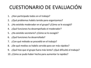 CUESTIONARIO DE EVALUACIÓN
1. ¿Han participado todos en el trabajo?
2. ¿Qué problemas habéis tenido para organizamos?
3. ¿Ha existido moderador en el grupo? ¿Cómo se le escogió?
4. ¿Qué funciones ha desempeñado el moderador?
5. ¿Ha existido secretario? ¿Cómo se le escogió?
6. ¿Qué funciones ha desarrollado?
7. ¿Con qué método se procedió en el trabajo?
8. ¿De qué medios os habéis servido para ser más rápidos?
9. ¿Qué hizo que el grupo fuera más lento? ¿Qué dificultó el trabajo?
10. ¿Cómo se pudo haber hecho para aumentar la rapidez?
 