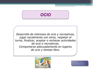 OCIO



 Desarrollo de intereses de ocio y recreativos,
   jugar socialmente con otros, respetar el
turno, finalizar, aceptar o rechazar actividades
              de ocio o recreativas.
   Comportarse adecuadamente en lugares
              de ocio y tiempo libre.




                                               MENU
 