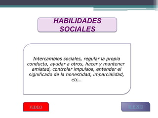 HABILIDADES
             SOCIALES



   Intercambios sociales, regular la propia
conducta, ayudar a otros, hacer y mantener
   amistad, controlar impulsos, entender el
 significado de la honestidad, imparcialidad,
                     etc…




 VIDEO                                          MENU
 