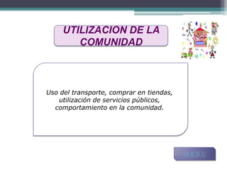 UTILIZACION DE LA
        COMUNIDAD



Uso del transporte, comprar en tiendas,
   utilización de servicios públicos,
  comportamiento en la comunidad.




                                          MENU
 