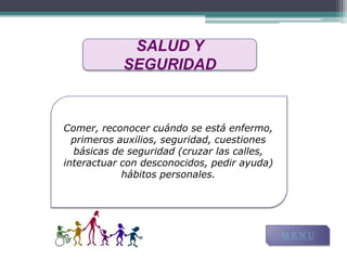 SALUD Y
           SEGURIDAD



Comer, reconocer cuándo se está enfermo,
  primeros auxilios, seguridad, cuestiones
  básicas de seguridad (cruzar las calles,
interactuar con desconocidos, pedir ayuda)
            hábitos personales.




                                             MENU
 