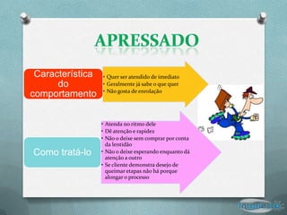 Característica   • Quer ser atendido de imediato
      do          • Geralmente já sabe o que quer
                  • Não gosta de enrolação
comportamento


                  • Atenda no ritmo dele
                  • Dê atenção e rapidez
                  • Não o deixe sem comprar por conta
                    da lentidão
Como tratá-lo     • Não o deixe esperando enquanto dá
                    atenção a outro
                  • Se cliente demonstra desejo de
                    queimar etapas não há porque
                    alongar o processo
 
