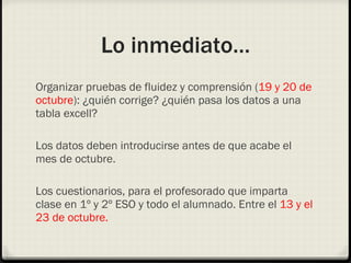 Lo inmediato… Organizar pruebas de fluidez y comprensión ( 19 y 20 de octubre ): ¿quién corrige? ¿quién pasa los datos a una tabla excell? Los datos deben introducirse antes de que acabe el mes de octubre. Los cuestionarios, para el profesorado que imparta clase en 1º y 2º ESO y todo el alumnado. Entre el  13 y el 23 de octubre. 