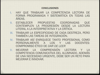 CONCLUSIONES HAY QUE TRABAJAR LA COMPETENCIA LECTORA DE FORMA PROGRAMADA Y SISTEMÁTICA EN TODAS LAS ÁREAS. ESTABLECER PROPUESTAS COORDINADAS QUE CONTEMPLEN LA PROGRESIÓN DESDE LA LECTURA LITERAL A LA INTERPRETATIVA Y LA CRÍTICA. TRABAJAR LA ESPECIFICIDAD DE CADA DESTREZA, PERO TAMBIÉN LAS TAREAS DE INTEGRACIÓN. TRABAJAR ASÍ ENRIQUECE TANTO PROFESIONAL COMO PERSONALMENTE A LOS Y LAS DOCENTES: COMPROMISO ÉTICO DE  DAR DE LEER MEJORAR LA COMPRENSIÓN LECTORA Y LA COMPETENCIA COMUNICATIVA DEL ALUMNADO, ADEMÁS DE UNA NECESIDAD URGENTE, DEBE SER UN RETO PARA MEJORAR E INNOVAR. 