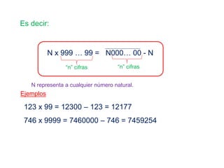 Es decir:
N x 999 … 99 =
“n” cifras
N000… 00 - N
“n” cifras
N representa a cualquier número natural.
Ejemplos
123 x 99 = 12300 – 123 = 12177
746 x 9999 = 7460000 – 746 = 7459254
 