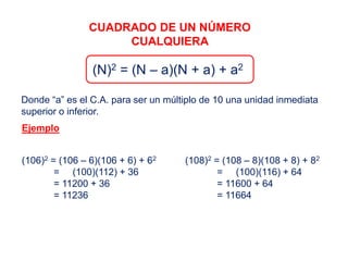 CUADRADO DE UN NÚMERO
CUALQUIERA
(N)2 = (N – a)(N + a) + a2
Donde “a” es el C.A. para ser un múltiplo de 10 una unidad inmediata
superior o inferior.
Ejemplo
(106)2 = (106 – 6)(106 + 6) + 62
= (100)(112) + 36
= 11200 + 36
= 11236
(108)2 = (108 – 8)(108 + 8) + 82
= (100)(116) + 64
= 11600 + 64
= 11664
 