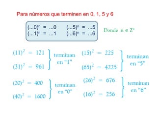 Para números que terminen en 0, 1, 5 y 6
(...0)n = ...0 (...5)n = ...5
(...1)n = ...1 (...6)n = ...6
Donde n  Z+
 