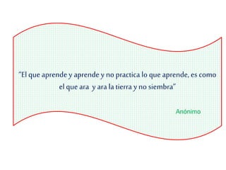 “El queaprende y aprende y no practica lo que aprende, es como
el que ara y ara la tierra y no siembra”
Anónimo
 