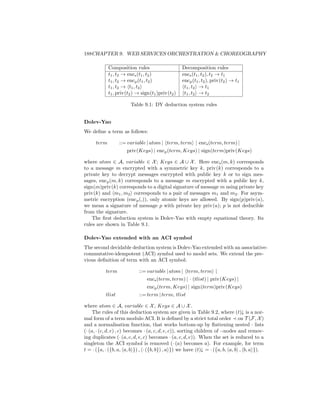 188CHAPTER 9. WEB SERVICES ORCHESTRATION  CHOREOGRAPHY

            Composition rules                     Decomposition rules
            t1 , t2 → encs (t1 , t2 )             encs (t1 , t2 ), t2 → t1
            t1 , t2 → encp (t1 , t2 )             encp (t1 , t2 ), priv(t2 ) → t1
            t1 , t2 → t1 , t2                      t1 , t2 → t1
            t1 , priv(t2 ) → sign(t1 )priv(t2 )    t1 , t2 → t2

                       Table 9.1: DY deduction system rules


Dolev-Yao
We deﬁne a term as follows:

     term         ::= variable | atom | term, term | encs (term, term) |
                     priv(Keys) | encp (term, Keys) | sign(term)priv(Keys)

where atom ∈ A, variable ∈ X ; Keys ∈ A ∪ X . Here encs (m, k) corresponds
to a message m encrypted with a symmetric key k, priv(k) corresponds to a
private key to decrypt messages encrypted with public key k or to sign mes-
sages, encp (m, k) corresponds to a message m encrypted with a public key k,
sign(m)priv(k) corresponds to a digital signature of message m using private key
priv(k) and m1 , m2 corresponds to a pair of messages m1 and m2 . For asym-
metric encryption (encp (,)), only atomic keys are allowed. By sign(p)priv(a),
we mean a signature of message p with private key priv(a); p is not deducible
from the signature.
    The ﬁrst deduction system is Dolev-Yao with empty equational theory. Its
rules are shown in Table 9.1.

Dolev-Yao extended with an ACI symbol
The second decidable deduction system is Dolev-Yao extended with an associative-
commutative-idempotent (ACI) symbol used to model sets. We extend the pre-
vious deﬁnition of term with an ACI symbol:

          term             ::= variable | atom | term, term |
                                encs (term, term) | · (tlist) | priv(Keys) |
                                encp (term, Keys) | sign(term)priv(Keys)
          tlist            ::= term | term, tlist

where atom ∈ A, variable ∈ X , Keys ∈ A ∪ X .
     The rules of this deduction system are given in Table 9.2, where (t)↓ is a nor-
mal form of a term modulo ACI. It is deﬁned by a strict total order on T (F, X )
and a normalisation function, that works bottom-up by ﬂattening nested · lists
(· (a, · (c, d, e) , c) becomes · (a, c, d, e, c)), sorting children of ·-nodes and remov-
ing duplicates (· (a, c, d, e, c) becomes · (a, c, d, e)). When the set is reduced to a
singleton the ACI symbol is removed (· (a) becomes a). For example, for term
t = · ({a, · ({b, a, a, b }) , · ({b, b}) , a }) we have (t)↓ = · ({a, b, a, b , b, a }).
 