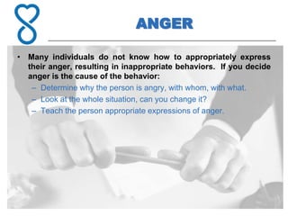 ANGER

• Many individuals do not know how to appropriately express
  their anger, resulting in inappropriate behaviors. If you decide
  anger is the cause of the behavior:
   – Determine why the person is angry, with whom, with what.
   – Look at the whole situation, can you change it?
   – Teach the person appropriate expressions of anger.
 