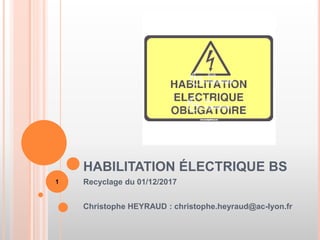 HABILITATION ÉLECTRIQUE BS
Recyclage du 01/12/2017
Christophe HEYRAUD : christophe.heyraud@ac-lyon.fr
1
 
