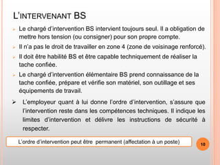 L’INTERVENANT BS
 Le chargé d’intervention BS intervient toujours seul. Il a obligation de
mettre hors tension (ou consigner) pour son propre compte.
 Il n’a pas le droit de travailler en zone 4 (zone de voisinage renforcé).
 Il doit être habilité BS et être capable techniquement de réaliser la
tache confiée.
 Le chargé d’intervention élémentaire BS prend connaissance de la
tache confiée, prépare et vérifie son matériel, son outillage et ses
équipements de travail.
 L’employeur quant à lui donne l’ordre d’intervention, s’assure que
l’intervention reste dans les compétences techniques. Il indique les
limites d’intervention et délivre les instructions de sécurité à
respecter.
L’ordre d’intervention peut être permanent (affectation à un poste) 10
 