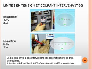 LIMITES EN TENSION ET COURANT INTERVENANT BS
En continu
600V
16A
En alternatif
400V
32A
13
un BS sera limité à des interventions sur des installations de type
domestique.
Attention le BS est limité à 400 V en alternatif et 600 V en continu.
 