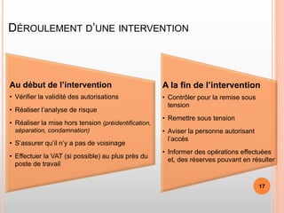 DÉROULEMENT D’UNE INTERVENTION
Au début de l’intervention
• Vérifier la validité des autorisations
• Réaliser l’analyse de risque
• Réaliser la mise hors tension (préidentification,
séparation, condamnation)
• S’assurer qu’il n’y a pas de voisinage
• Effectuer la VAT (si possible) au plus près du
poste de travail
A la fin de l’intervention
• Contrôler pour la remise sous
tension
• Remettre sous tension
• Aviser la personne autorisant
l’accès
• Informer des opérations effectuées
et, des réserves pouvant en résulter
17
 