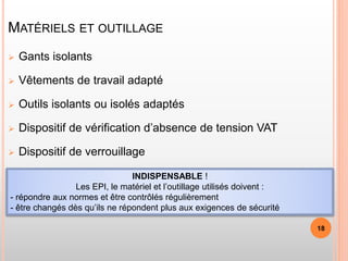 MATÉRIELS ET OUTILLAGE
 Gants isolants
 Vêtements de travail adapté
 Outils isolants ou isolés adaptés
 Dispositif de vérification d’absence de tension VAT
 Dispositif de verrouillage
INDISPENSABLE !
Les EPI, le matériel et l’outillage utilisés doivent :
- répondre aux normes et être contrôlés régulièrement
- être changés dès qu’ils ne répondent plus aux exigences de sécurité
18
 