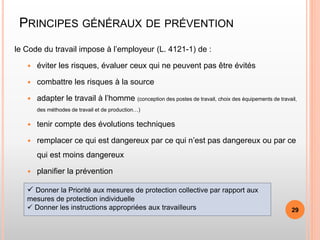 PRINCIPES GÉNÉRAUX DE PRÉVENTION
le Code du travail impose à l’employeur (L. 4121-1) de :
 éviter les risques, évaluer ceux qui ne peuvent pas être évités
 combattre les risques à la source
 adapter le travail à l’homme (conception des postes de travail, choix des équipements de travail,
des méthodes de travail et de production…)
 tenir compte des évolutions techniques
 remplacer ce qui est dangereux par ce qui n’est pas dangereux ou par ce
qui est moins dangereux
 planifier la prévention
 Donner la Priorité aux mesures de protection collective par rapport aux
mesures de protection individuelle
 Donner les instructions appropriées aux travailleurs 29
 