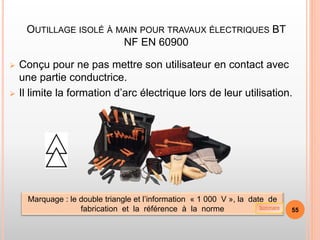 OUTILLAGE ISOLÉ À MAIN POUR TRAVAUX ÉLECTRIQUES BT
NF EN 60900
 Conçu pour ne pas mettre son utilisateur en contact avec
une partie conductrice.
 Il limite la formation d’arc électrique lors de leur utilisation.
Marquage : le double triangle et l’information « 1 000 V », la date de
fabrication et la référence à la norme 55
Sommaire
 