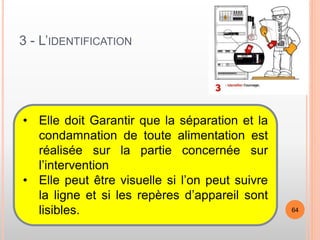 3 - L’IDENTIFICATION
• Elle doit Garantir que la séparation et la
condamnation de toute alimentation est
réalisée sur la partie concernée sur
l’intervention
• Elle peut être visuelle si l’on peut suivre
la ligne et si les repères d’appareil sont
lisibles. 64
 