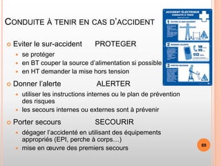 CONDUITE À TENIR EN CAS D’ACCIDENT
 Eviter le sur-accident PROTEGER
 se protéger
 en BT couper la source d’alimentation si possible
 en HT demander la mise hors tension
 Donner l’alerte ALERTER
 utiliser les instructions internes ou le plan de prévention
des risques
 les secours internes ou externes sont à prévenir
 Porter secours SECOURIR
 dégager l’accidenté en utilisant des équipements
appropriés (EPI, perche à corps…)
 mise en œuvre des premiers secours
69
 