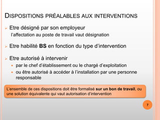 DISPOSITIONS PRÉALABLES AUX INTERVENTIONS
 Etre désigné par son employeur
l’affectation au poste de travail vaut désignation
 Etre habilité BS en fonction du type d’intervention
 Etre autorisé à intervenir
 par le chef d’établissement ou le chargé d’exploitation
 ou être autorisé à accéder à l’installation par une personne
responsable
L’ensemble de ces dispositions doit être formalisé sur un bon de travail, ou
une solution équivalente qui vaut autorisation d’intervention
7
 