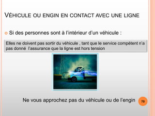 VÉHICULE OU ENGIN EN CONTACT AVEC UNE LIGNE
 Si des personnes sont à l’intérieur d’un véhicule :
Ne vous approchez pas du véhicule ou de l’engin
Elles ne doivent pas sortir du véhicule , tant que le service compétent n’a
pas donné l’assurance que la ligne est hors tension
70
 