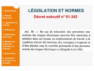 1. Introduction
2. Risque
électrique
3. Législation et
normes
4. Définitions
5. Habilitation
électrique
6. Matériel de
protection
individuel et
collectif
7. Documents
8. Conduite à
tenir face à un
accident
LÉGISLATION ET NORMES
Décret exécutif n° 01-342
 