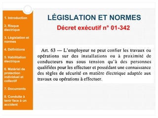 1. Introduction
2. Risque
électrique
3. Législation et
normes
4. Définitions
5. Habilitation
électrique
6. Matériel de
protection
individuel et
collectif
7. Documents
8. Conduite à
tenir face à un
accident
LÉGISLATION ET NORMES
Décret exécutif n° 01-342
 