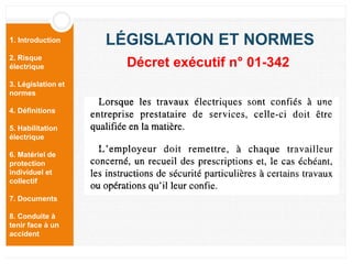 1. Introduction
2. Risque
électrique
3. Législation et
normes
4. Définitions
5. Habilitation
électrique
6. Matériel de
protection
individuel et
collectif
7. Documents
8. Conduite à
tenir face à un
accident
LÉGISLATION ET NORMES
Décret exécutif n° 01-342
 