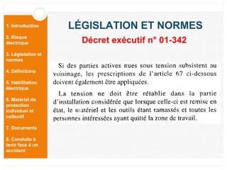 1. Introduction
2. Risque
électrique
3. Législation et
normes
4. Définitions
5. Habilitation
électrique
6. Matériel de
protection
individuel et
collectif
7. Documents
8. Conduite à
tenir face à un
accident
LÉGISLATION ET NORMES
Décret exécutif n° 01-342
 