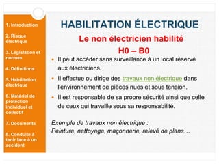 1. Introduction
2. Risque
électrique
3. Législation et
normes
4. Définitions
5. Habilitation
électrique
6. Matériel de
protection
individuel et
collectif
7. Documents
8. Conduite à
tenir face à un
accident
HABILITATION ÉLECTRIQUE
 Il peut accéder sans surveillance à un local réservé
aux électriciens.
 Il effectue ou dirige des travaux non électrique dans
l'environnement de pièces nues et sous tension.
 Il est responsable de sa propre sécurité ainsi que celle
de ceux qui travaille sous sa responsabilité.
Exemple de travaux non électrique :
Peinture, nettoyage, maçonnerie, relevé de plans…
Le non électricien habilité
H0 – B0
 