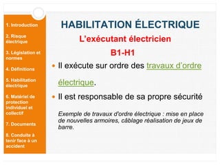 1. Introduction
2. Risque
électrique
3. Législation et
normes
4. Définitions
5. Habilitation
électrique
6. Matériel de
protection
individuel et
collectif
7. Documents
8. Conduite à
tenir face à un
accident
HABILITATION ÉLECTRIQUE
 Il exécute sur ordre des travaux d’ordre
électrique.
 Il est responsable de sa propre sécurité
Exemple de travaux d'ordre électrique : mise en place
de nouvelles armoires, câblage réalisation de jeux de
barre.
L’exécutant électricien
B1-H1
 