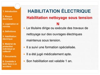 1. Introduction
2. Risque
électrique
3. Législation et
normes
4. Définitions
5. Habilitation
électrique
6. Matériel de
protection
individuel et
collectif
7. Documents
8. Conduite à
tenir face à un
accident
HABILITATION ÉLECTRIQUE
 Le titulaire dirige ou exécute des travaux de
nettoyage sur des ouvrages électriques
maintenus sous tension.
 Il a suivi une formation spécialisée.
 Il a été jugé médicalement apte.
 Son habilitation est valable 1 an.
Habilitation nettoyage sous tension
N
 