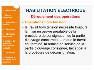 1. Introduction
2. Risque
électrique
3. Législation et
normes
4. Définitions
5. Habilitation
électrique
6. Matériel de
protection
individuel et
collectif
7. Documents
8. Conduite à
tenir face à un
accident
HABILITATION ÉLECTRIQUE
 Opérations hors tension:
 le travail hors tension nécessite toujours
la mise en œuvre préalable de la
procédure de consignation de la partie
d'ouvrage concernée. Lorsque le travail
est terminé, la remise en service de la
partie d'ouvrage consignée, fait appel à
la procédure de déconsignation.
Déroulement des opérations
 