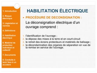1. Introduction
2. Risque
électrique
3. Législation et
normes
4. Définitions
5. Habilitation
électrique
6. Matériel de
protection
individuel et
collectif
7. Documents
8. Conduite à
tenir face à un
accident
HABILITATION ÉLECTRIQUE
 PROCÉDURE DE DECONSIGNATION :
La déconsignation électrique d’un
ouvrage comprend :
1. l’identification de l’ouvrage ;
2. la dépose des mises à la terre et en court-circuit
3. le retrait des écrans protecteurs et matériels de balisage ;
4. la décondamnation des organes de séparation en vue de
la remise en service de l’ouvrage.
 