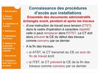 1. Introduction
2. Risque
électrique
3. Législation et
normes
4. Définitions
5. Habilitation
électrique
6. Matériel de
protection
individuel et
collectif
7. Documents
8. Conduite à
tenir face à un
accident
• d'une instruction de travail sous tension (ITST)
dans le cadre d'opération à caractère répétitif;
celle ci peut remplacer alors l'OTST. Le CT doit
alors prévenir le CE du début des travaux
comme convenu par ce dernier
• A la fin des travaux,
 si ATST, le CT transmet au CE un avis de
fin de travail écrit
 si ITST, le CT prévient le CE de la fin des
travaux comme convenu par ce dernier
Connaissance des procédures
d’accès aux installations
Ensemble des documents administratifs
échangés avant, pendant et après les travaux
 