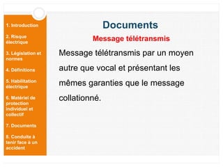 1. Introduction
2. Risque
électrique
3. Législation et
normes
4. Définitions
5. Habilitation
électrique
6. Matériel de
protection
individuel et
collectif
7. Documents
8. Conduite à
tenir face à un
accident
Message télétransmis par un moyen
autre que vocal et présentant les
mêmes garanties que le message
collationné.
Documents
Message télétransmis
 