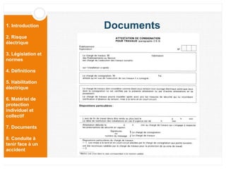 1. Introduction
2. Risque
électrique
3. Législation et
normes
4. Définitions
5. Habilitation
électrique
6. Matériel de
protection
individuel et
collectif
7. Documents
8. Conduite à
tenir face à un
accident
Documents
 