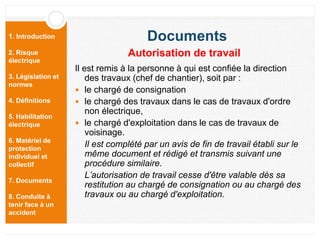 1. Introduction
2. Risque
électrique
3. Législation et
normes
4. Définitions
5. Habilitation
électrique
6. Matériel de
protection
individuel et
collectif
7. Documents
8. Conduite à
tenir face à un
accident
Il est remis à la personne à qui est confiée la direction
des travaux (chef de chantier), soit par :
 le chargé de consignation
 le chargé des travaux dans le cas de travaux d'ordre
non électrique,
 le chargé d'exploitation dans le cas de travaux de
voisinage.
Il est complété par un avis de fin de travail établi sur le
même document et rédigé et transmis suivant une
procédure similaire.
L’autorisation de travail cesse d'être valable dès sa
restitution au chargé de consignation ou au chargé des
travaux ou au chargé d'exploitation.
Documents
Autorisation de travail
 